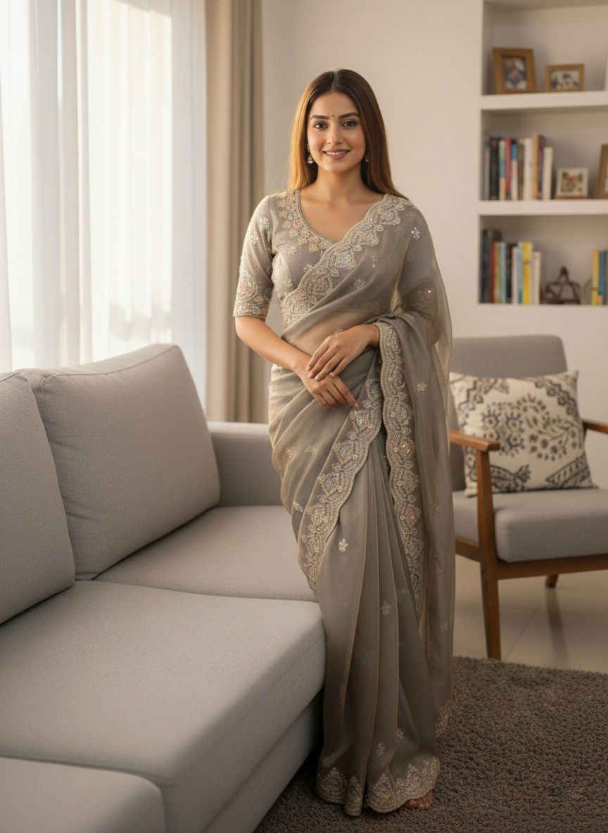 Soft Space Silk Saree with Dual Sequin & Embroidery