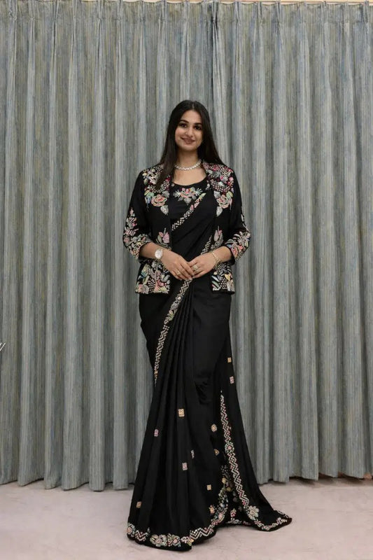 Ready-to-Wear Heavy Sequence Embroidered Crepe Silk Saree with Koti &  Blouse