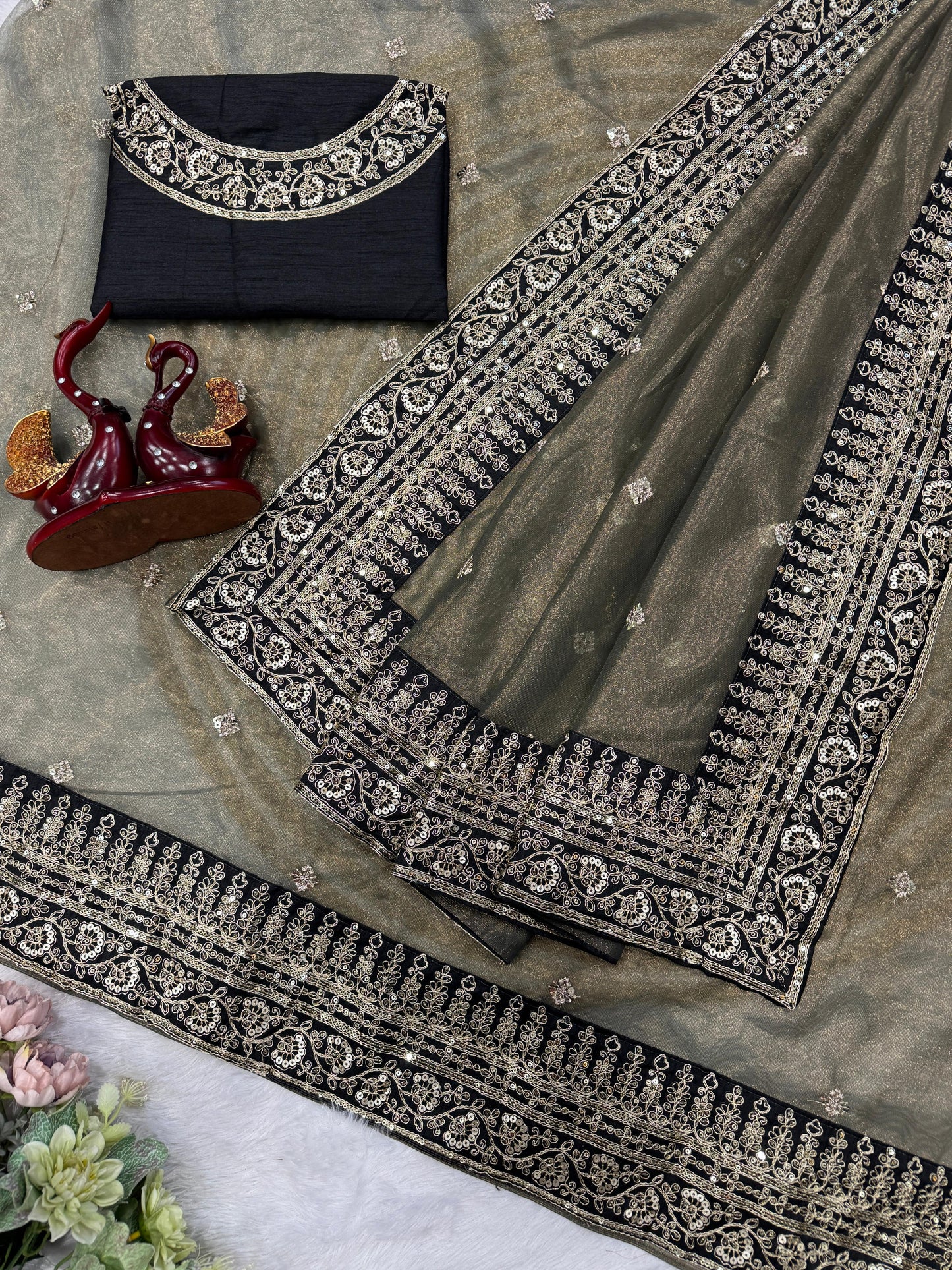 Beautiful Sequence Embroidery Work lace border Net Saree