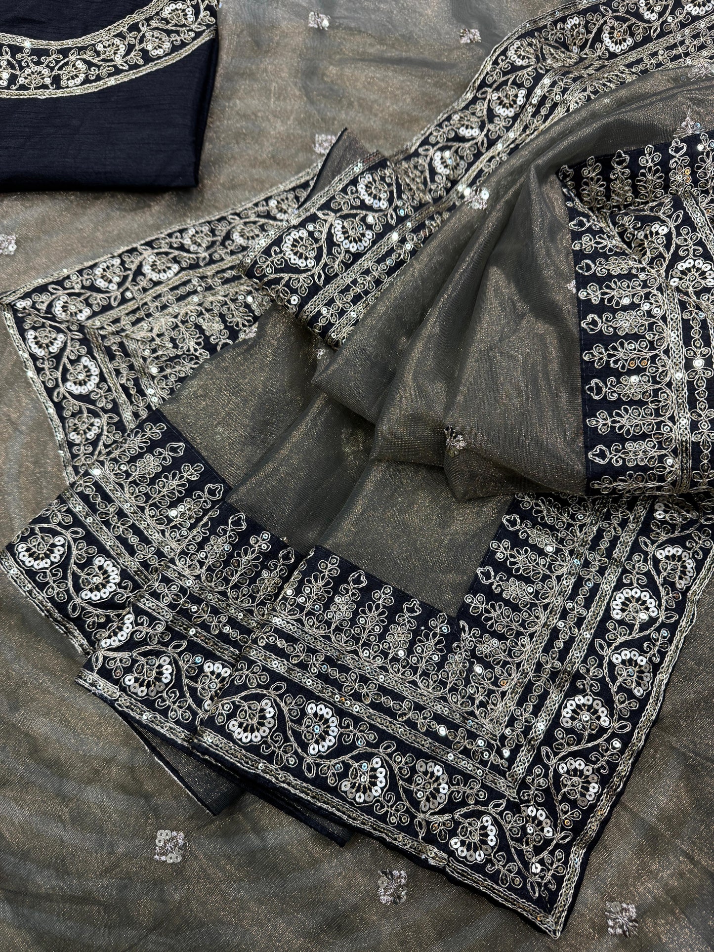 Beautiful Sequence Embroidery Work lace border Net Saree