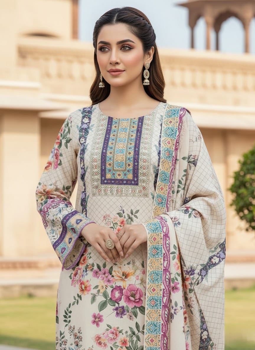 Lilac Pure  Silk Hand-embroidered Suit Set with Handwoven Dupatta