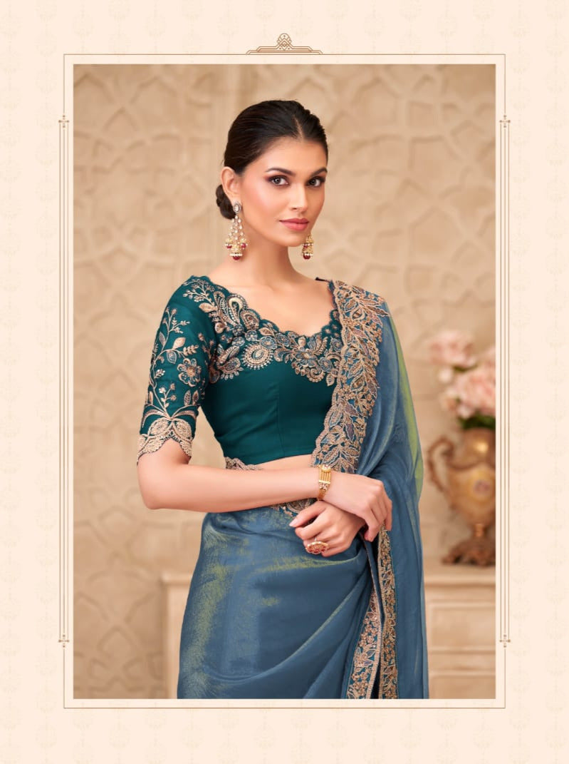 Gold Sparkle Georgette Silk Saree With Satin Silk Blouse