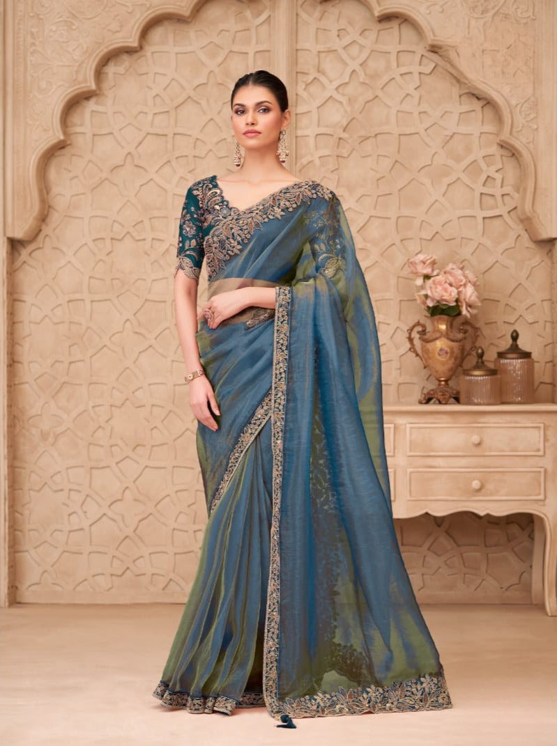 Gold Sparkle Georgette Silk Saree With Satin Silk Blouse