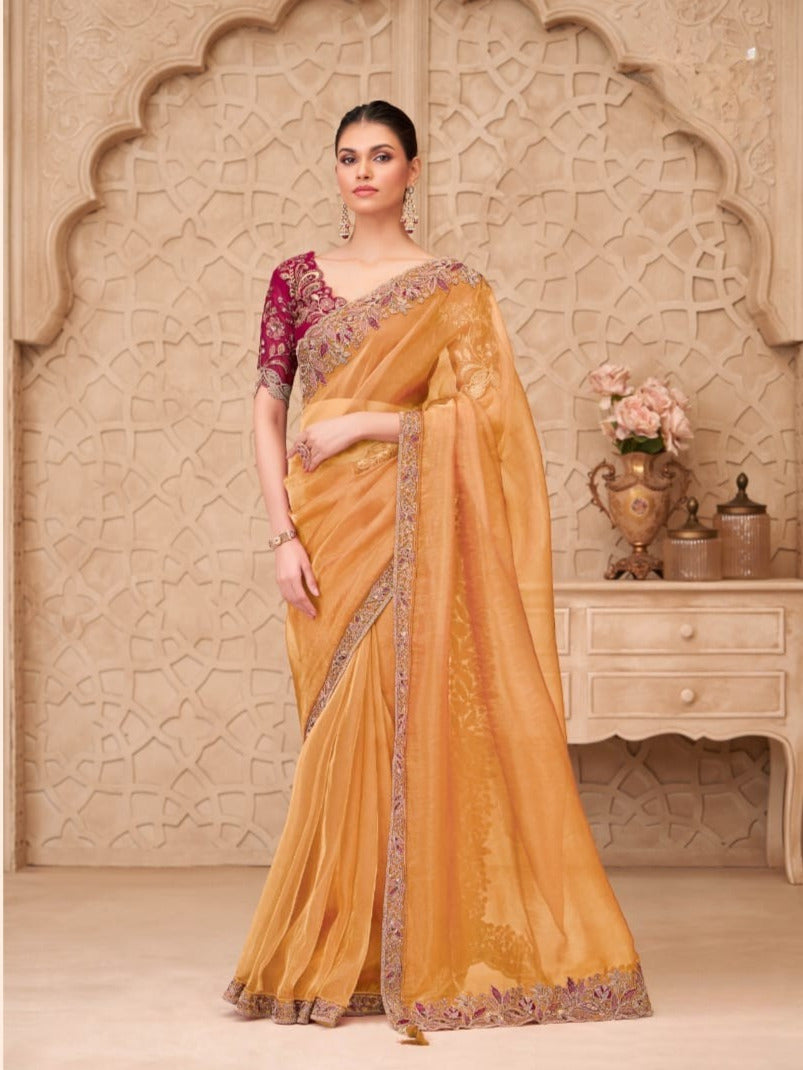 Gold Sparkle Georgette Silk Saree With Satin Silk Blouse