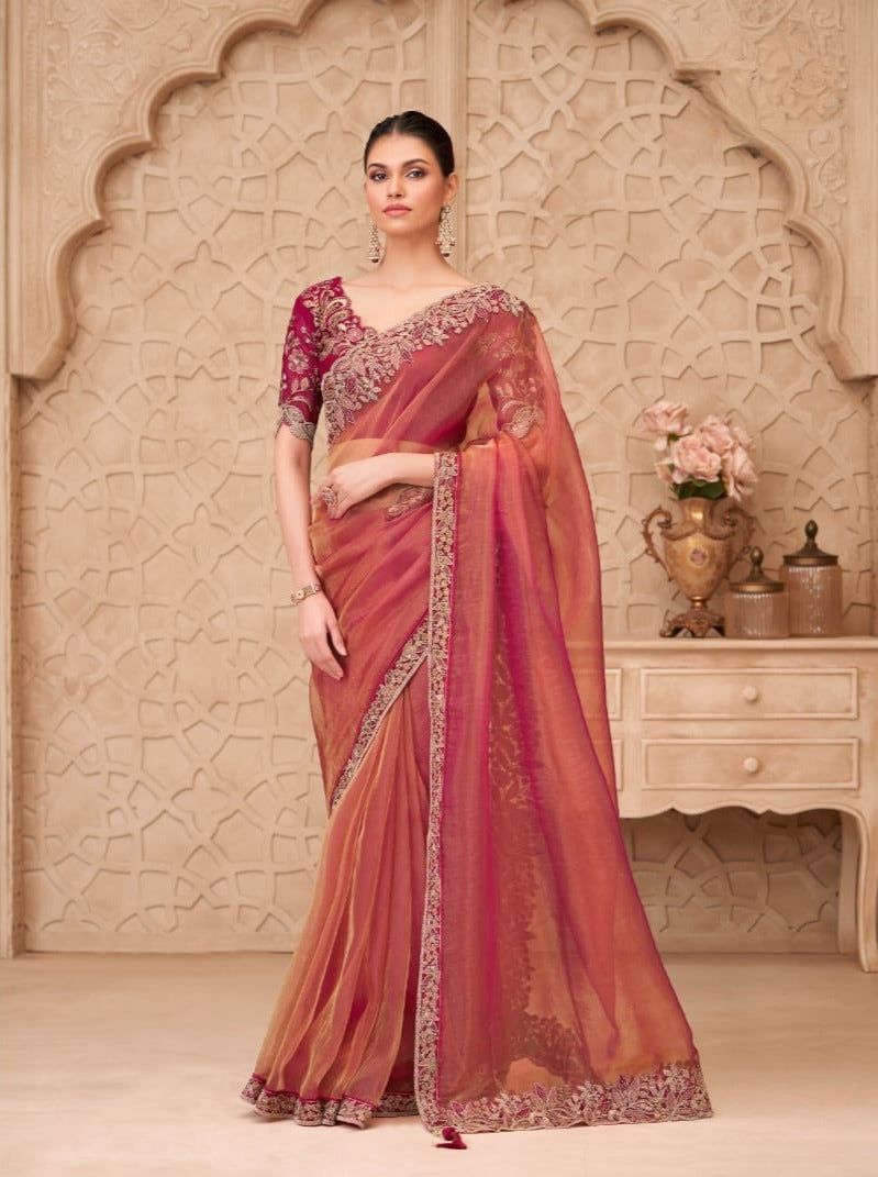 Gold Sparkle Georgette Silk Saree With Satin Silk Blouse