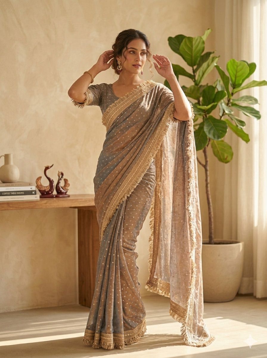 Moss Silk With Jacquard Butti Designer Saree