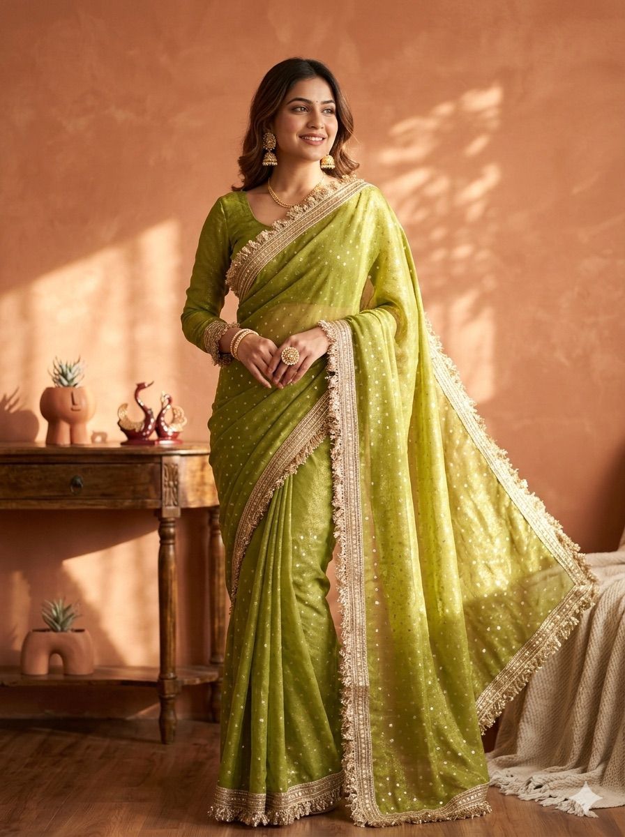 Moss Silk With Jacquard Butti Designer Saree
