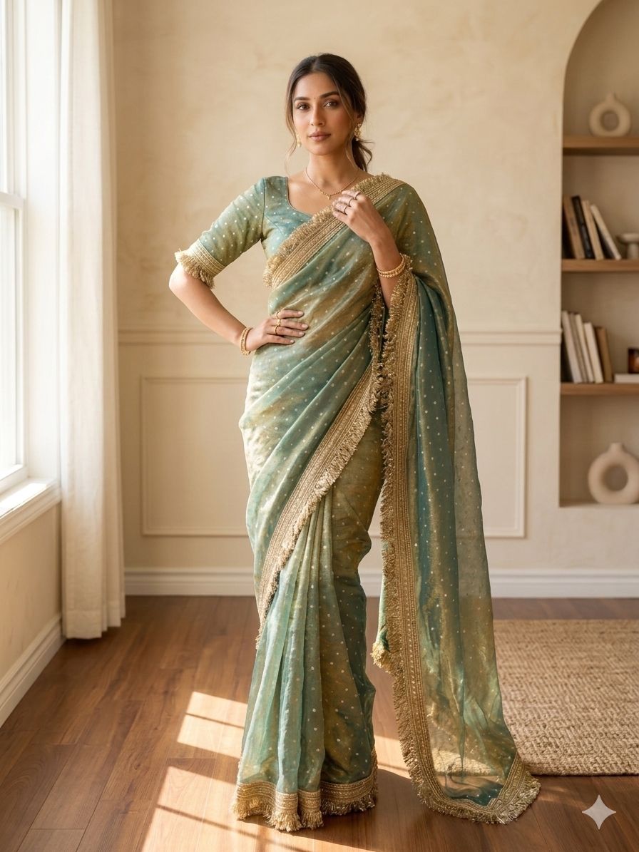 Moss Silk With Jacquard Butti Designer Saree