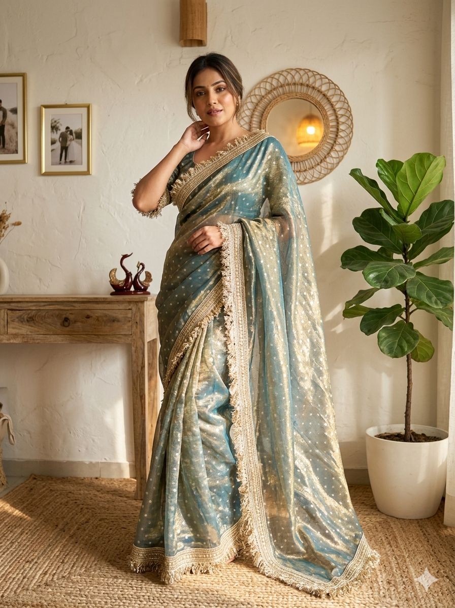 Moss Silk With Jacquard Butti Designer Saree