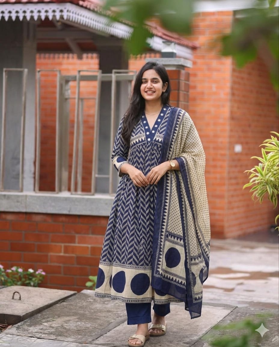 Women's Floral Printed Anarkali V-Neck Cotton Kurta Pant with Dupatta
