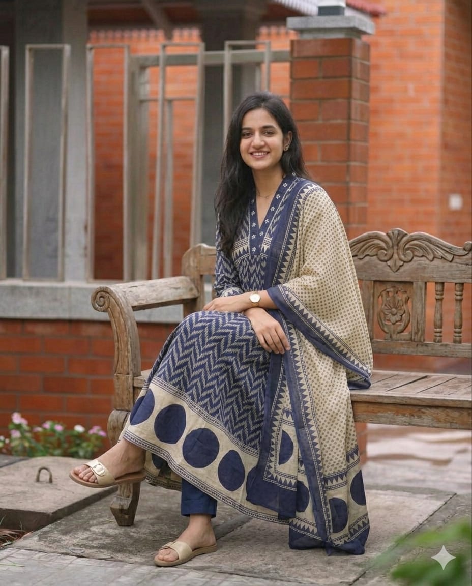Women's Floral Printed Anarkali V-Neck Cotton Kurta Pant with Dupatta