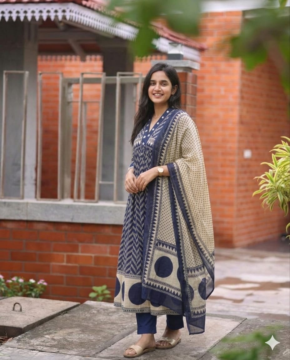 Women's Floral Printed Anarkali V-Neck Cotton Kurta Pant with Dupatta