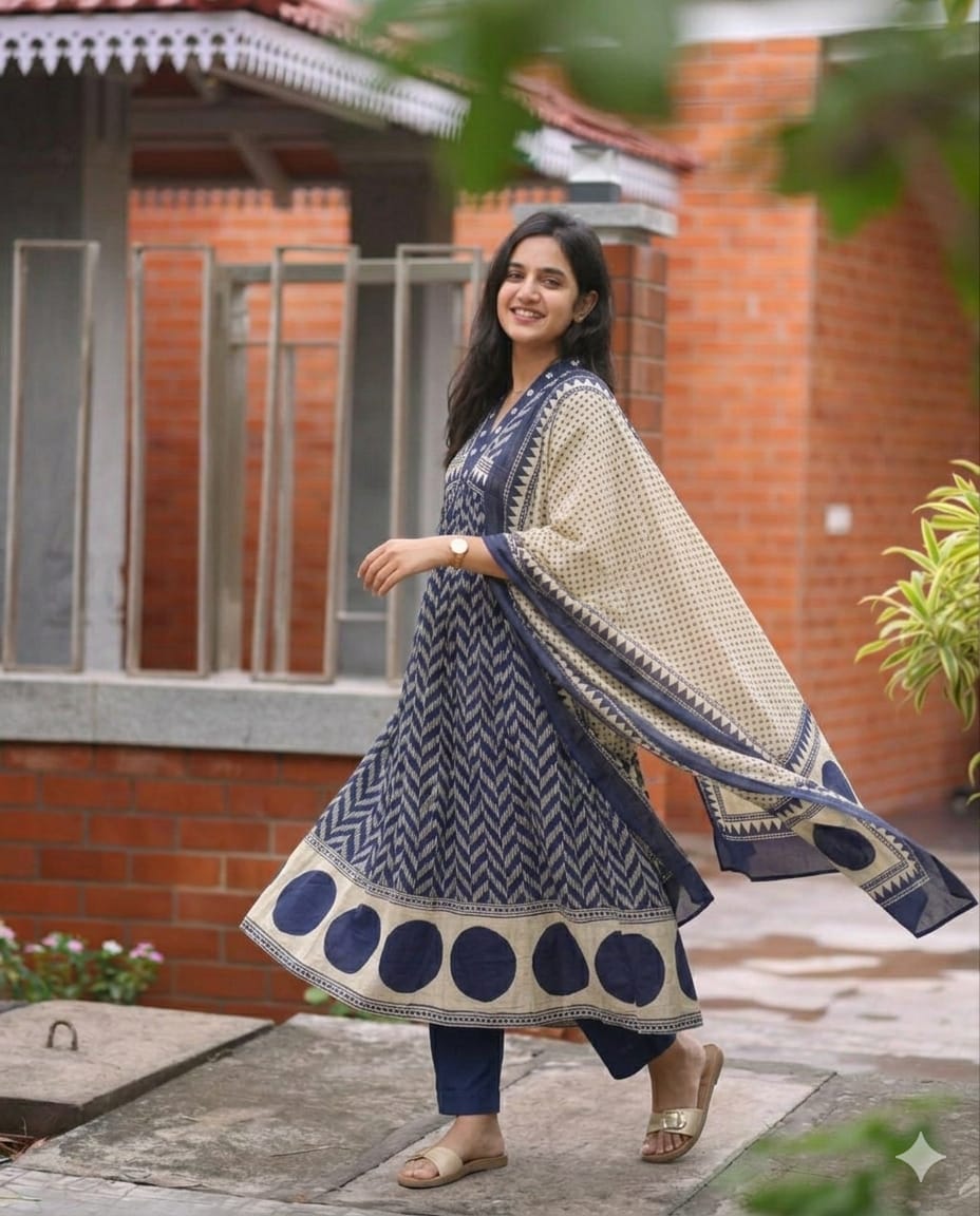 Women's Floral Printed Anarkali V-Neck Cotton Kurta Pant with Dupatta