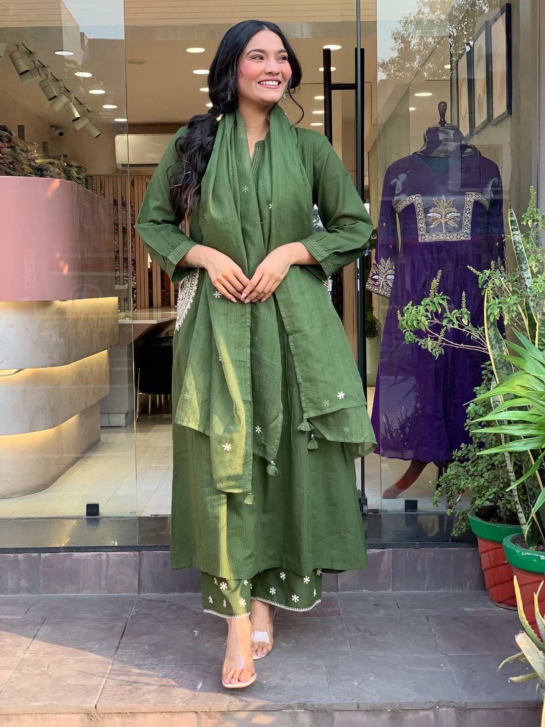 Women's Olive Green Cotton Blend Embroidered Kurta With Pant & Dupatta Set