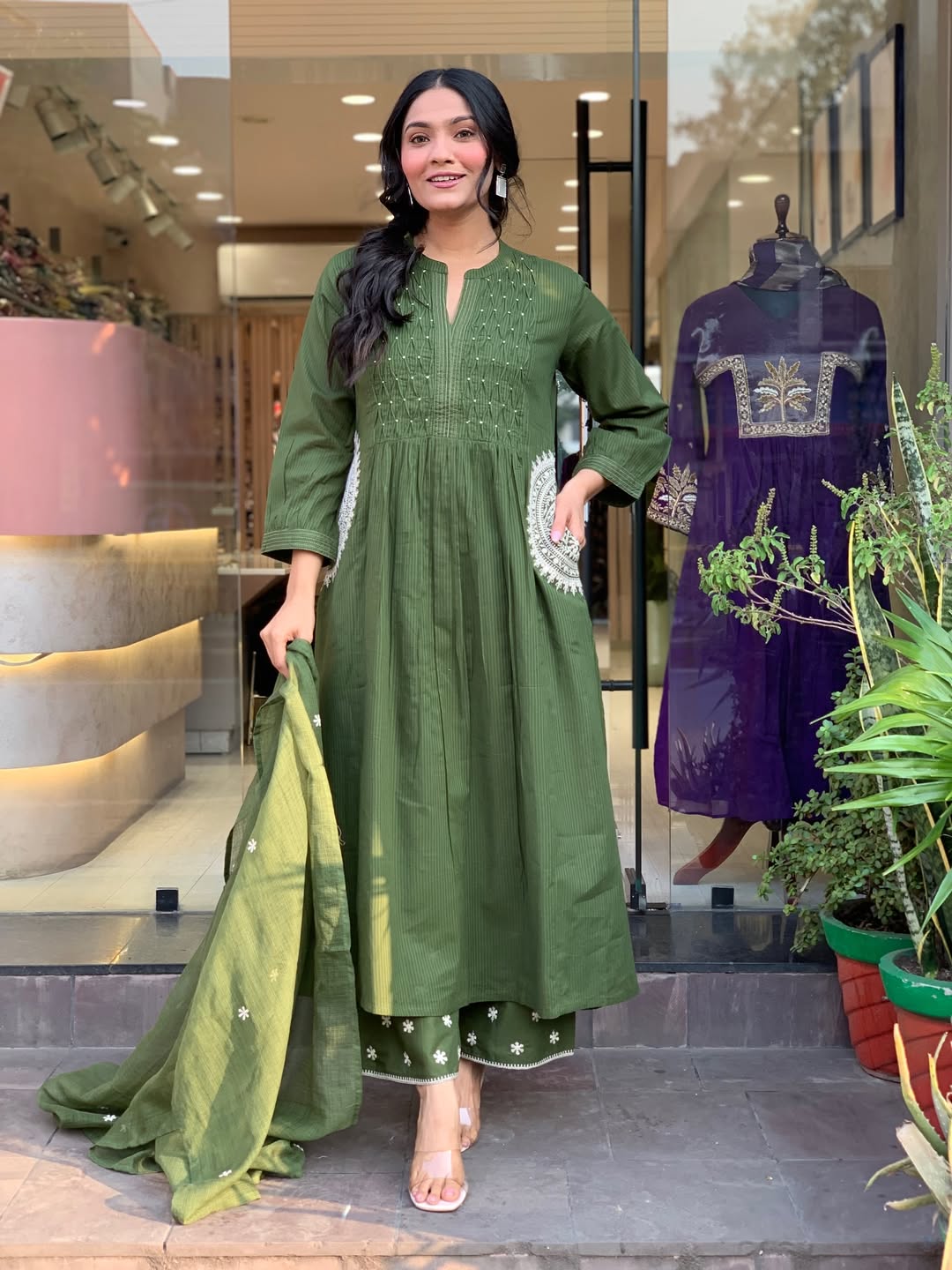 Women's Olive Green Cotton Blend Embroidered Kurta With Pant & Dupatta Set