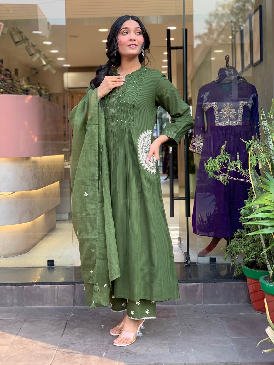Women's Olive Green Cotton Blend Embroidered Kurta With Pant & Dupatta Set