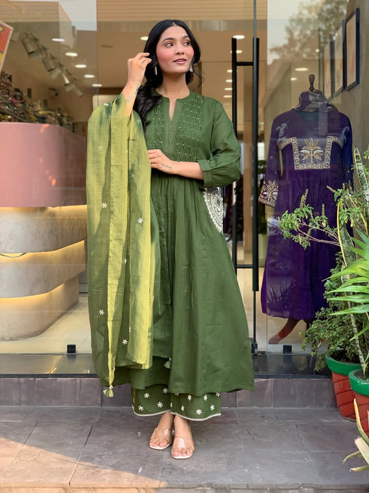 Women's Olive Green Cotton Blend Embroidered Kurta With Pant & Dupatta Set