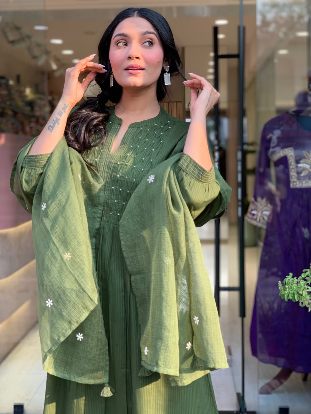 Women's Olive Green Cotton Blend Embroidered Kurta With Pant & Dupatta Set