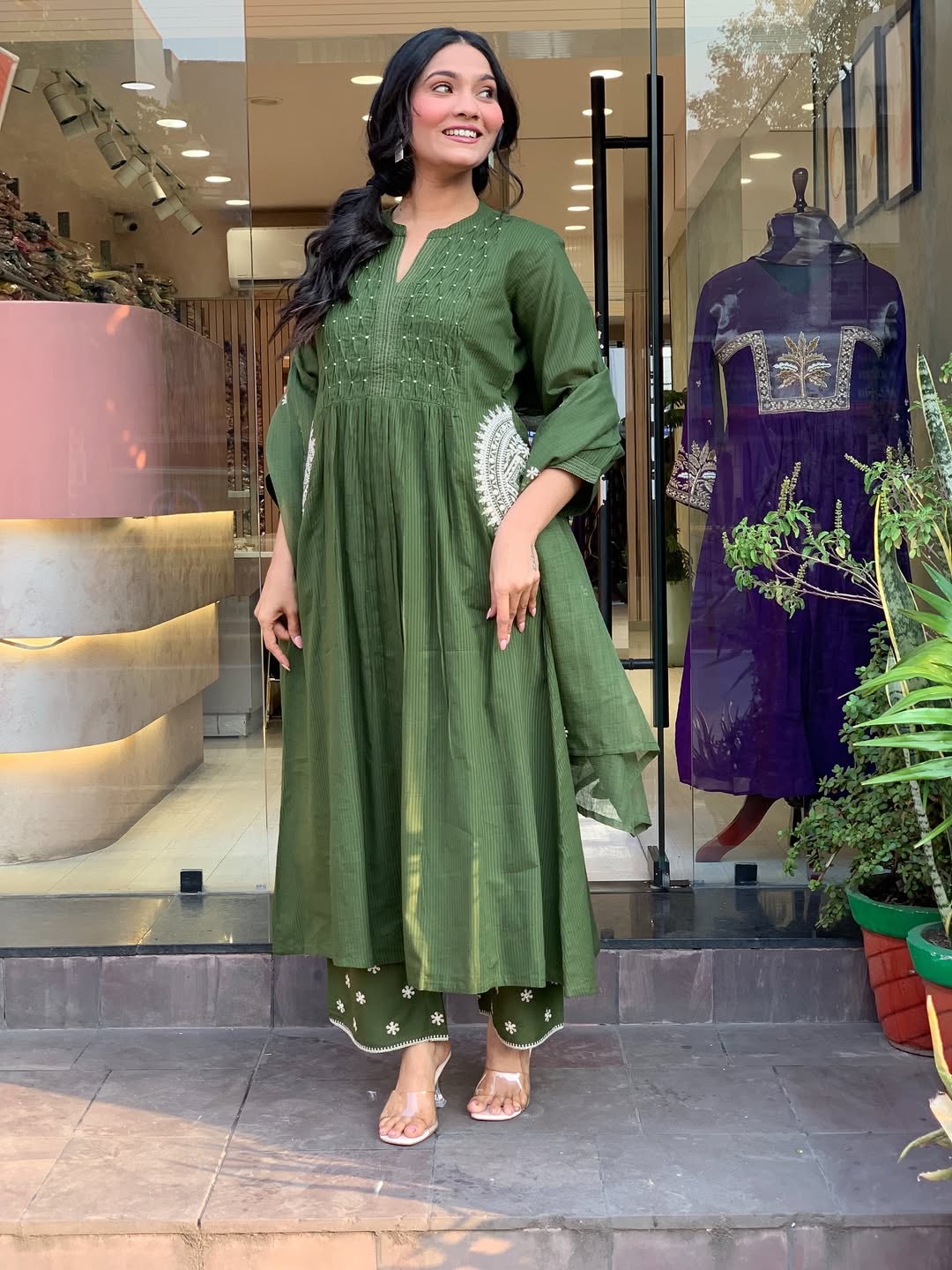 Women's Olive Green Cotton Blend Embroidered Kurta With Pant & Dupatta Set