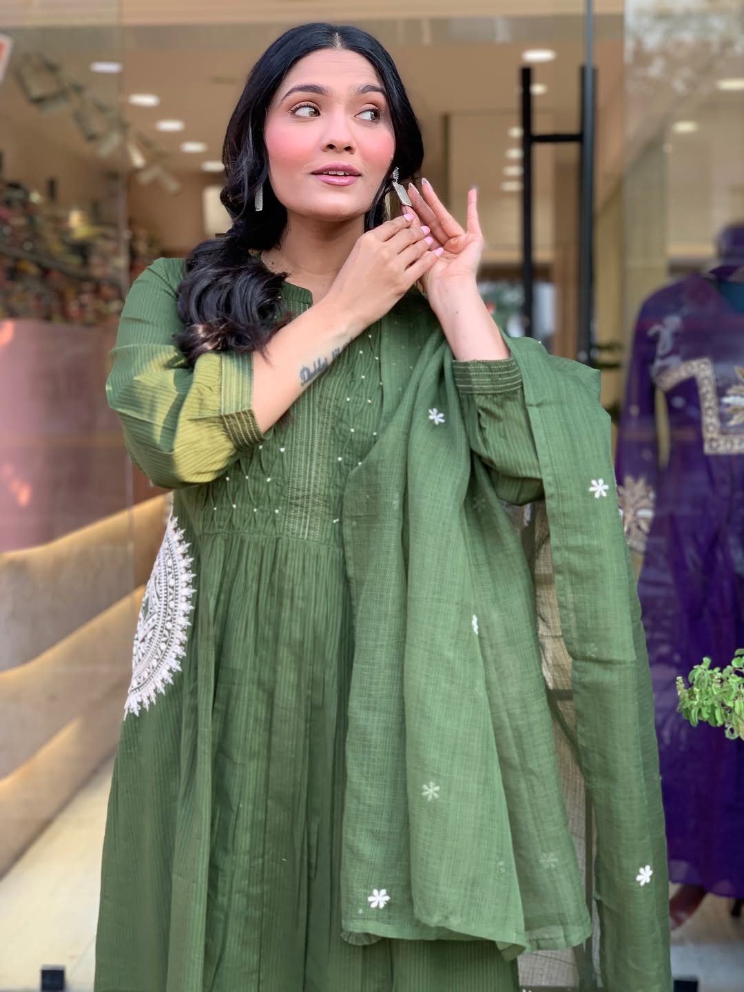 Women's Olive Green Cotton Blend Embroidered Kurta With Pant & Dupatta Set