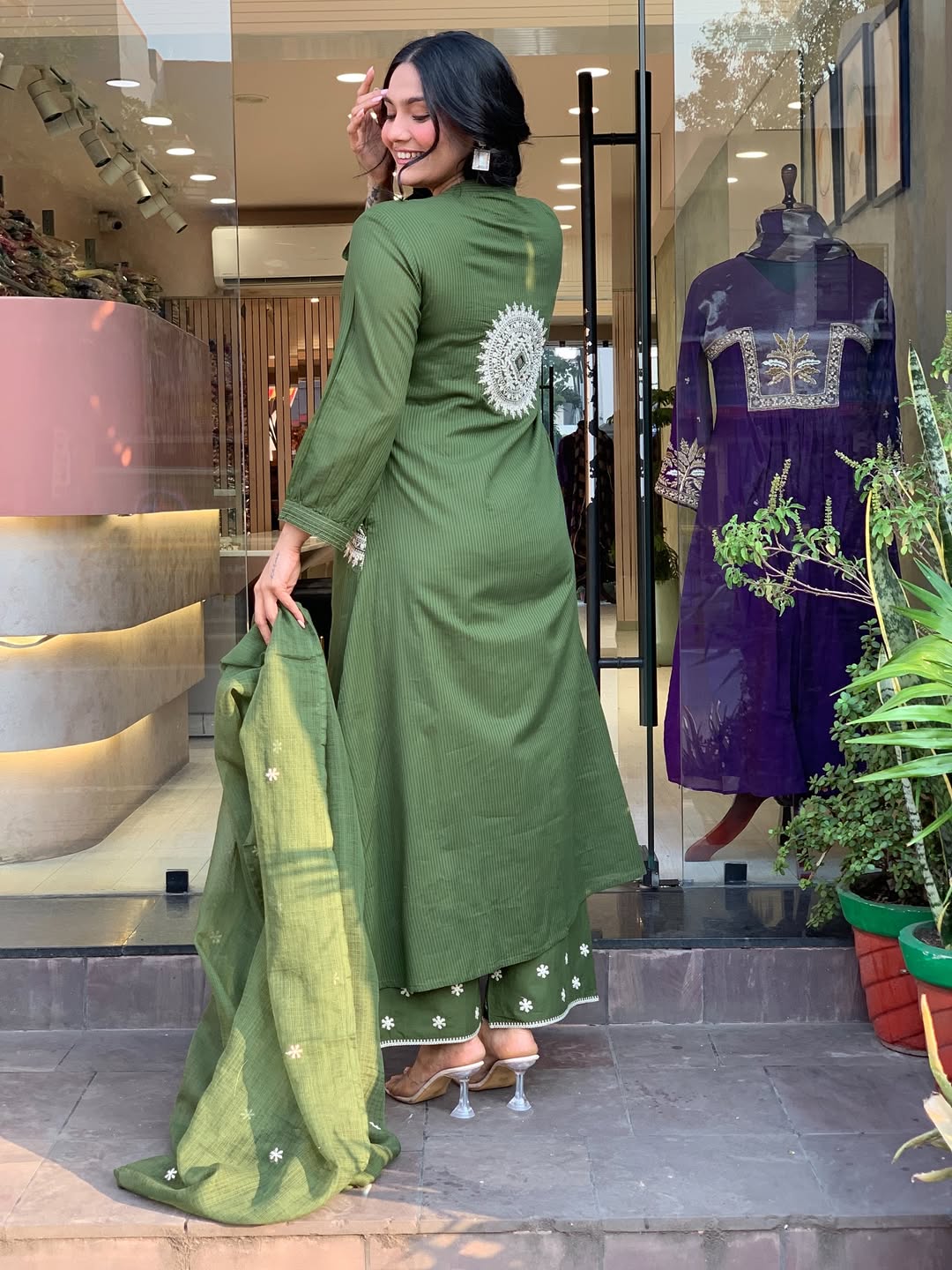 Women's Olive Green Cotton Blend Embroidered Kurta With Pant & Dupatta Set