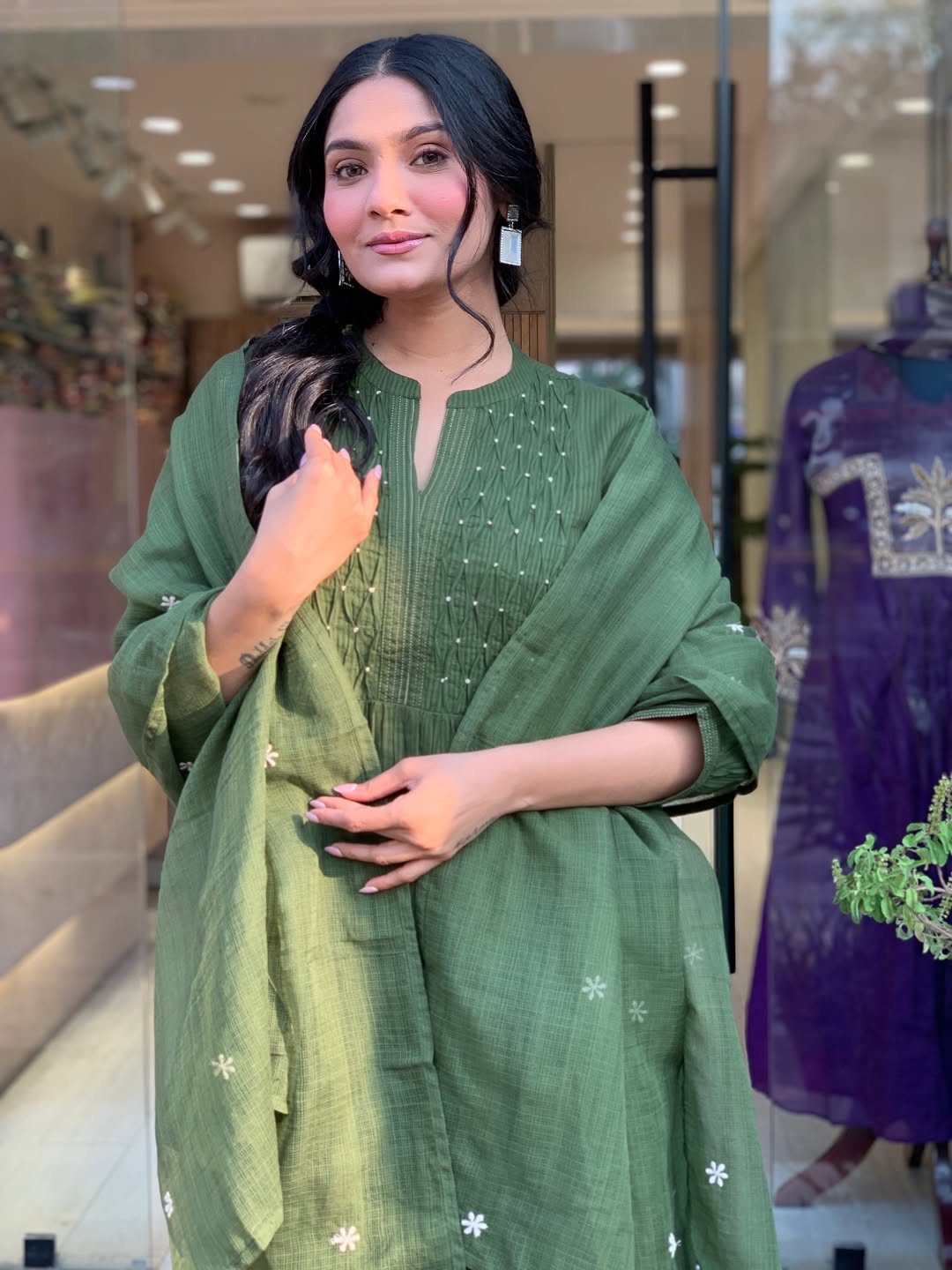 Women's Olive Green Cotton Blend Embroidered Kurta With Pant & Dupatta Set