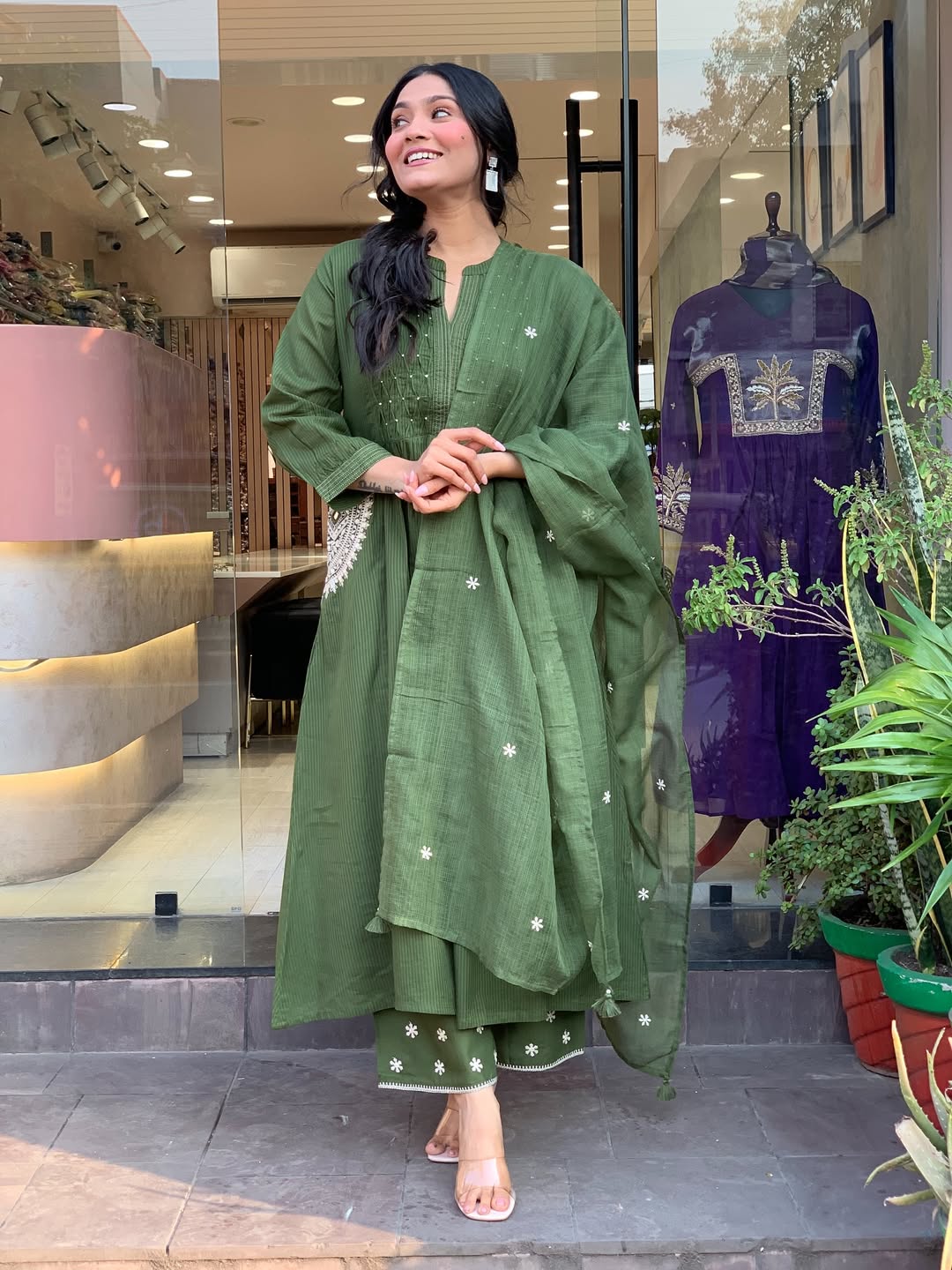 Women's Olive Green Cotton Blend Embroidered Kurta With Pant & Dupatta Set