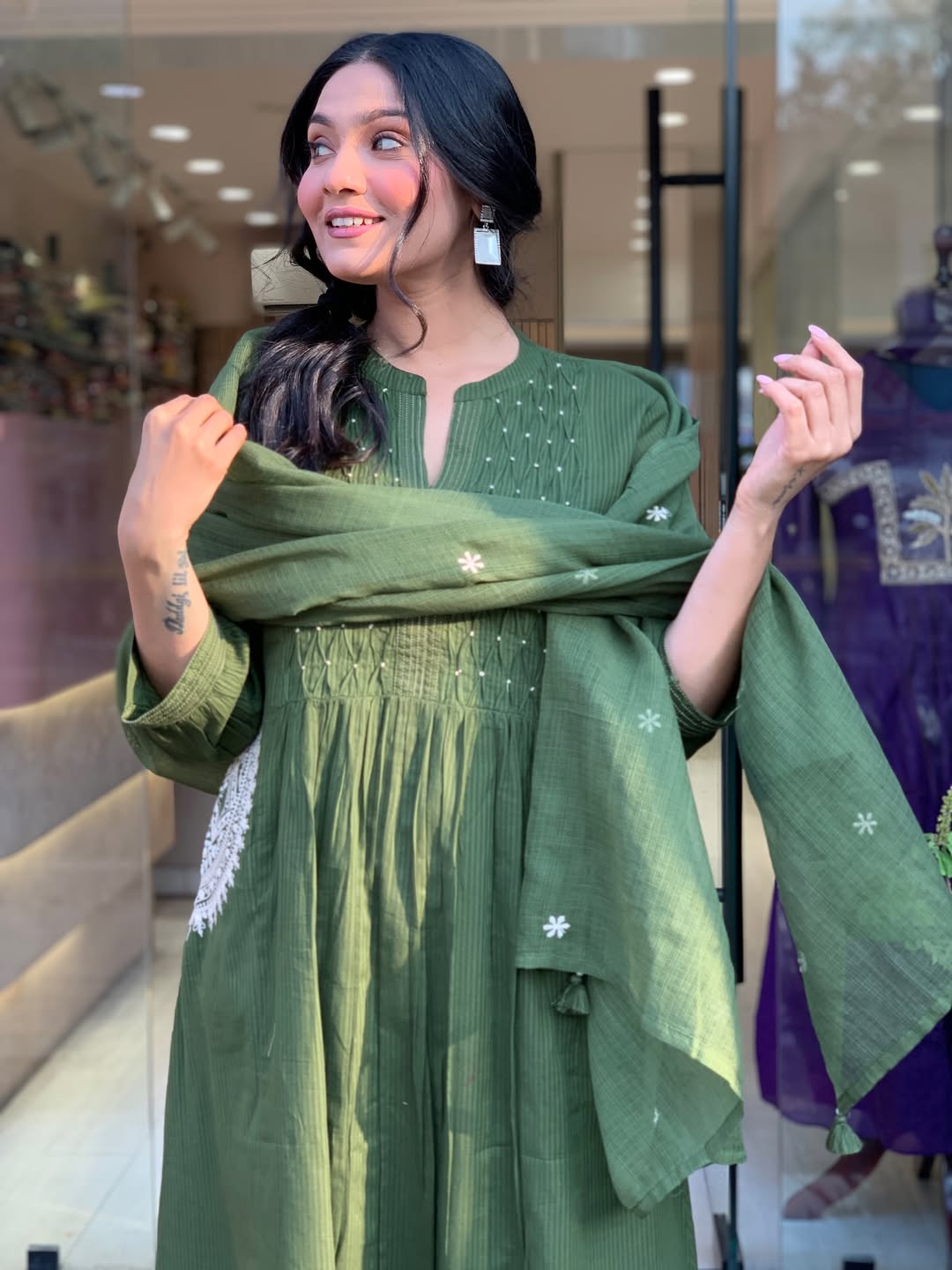 Women's Olive Green Cotton Blend Embroidered Kurta With Pant & Dupatta Set