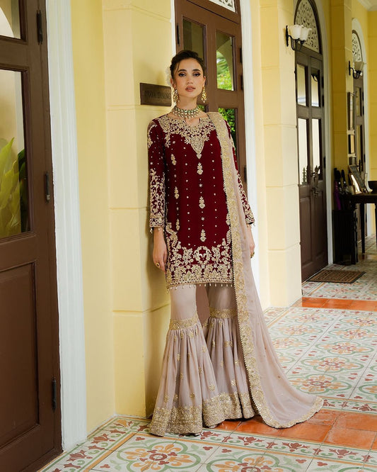 Heavy  Faux Georgette Embroidered Sequence Work Suit with Rivet Moti Work