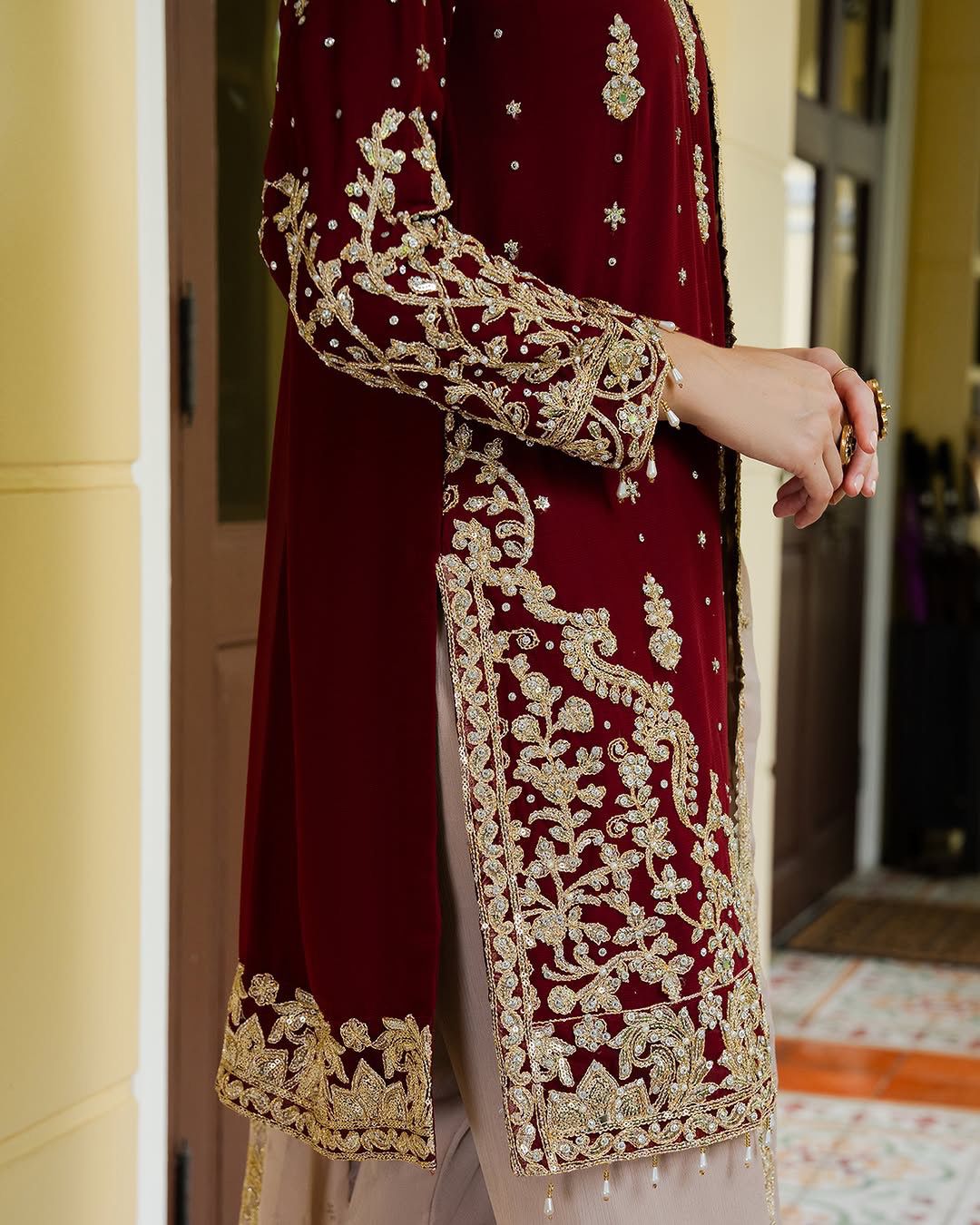 Heavy  Faux Georgette Embroidered Sequence Work Suit with Rivet Moti Work