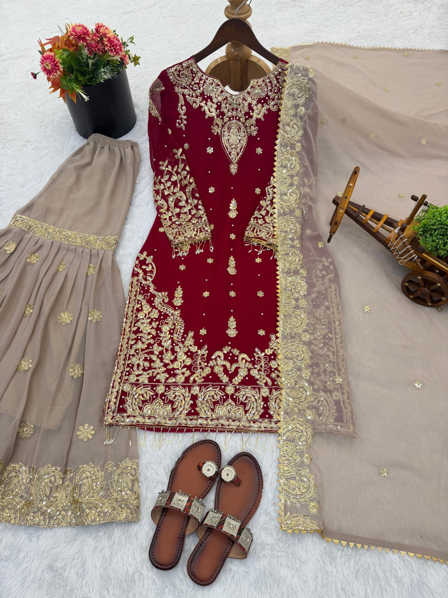 Heavy  Faux Georgette Embroidered Sequence Work Suit with Rivet Moti Work