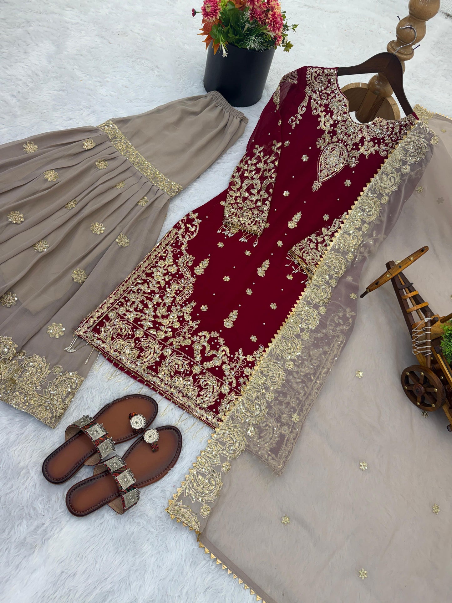 Heavy  Faux Georgette Embroidered Sequence Work Suit with Rivet Moti Work