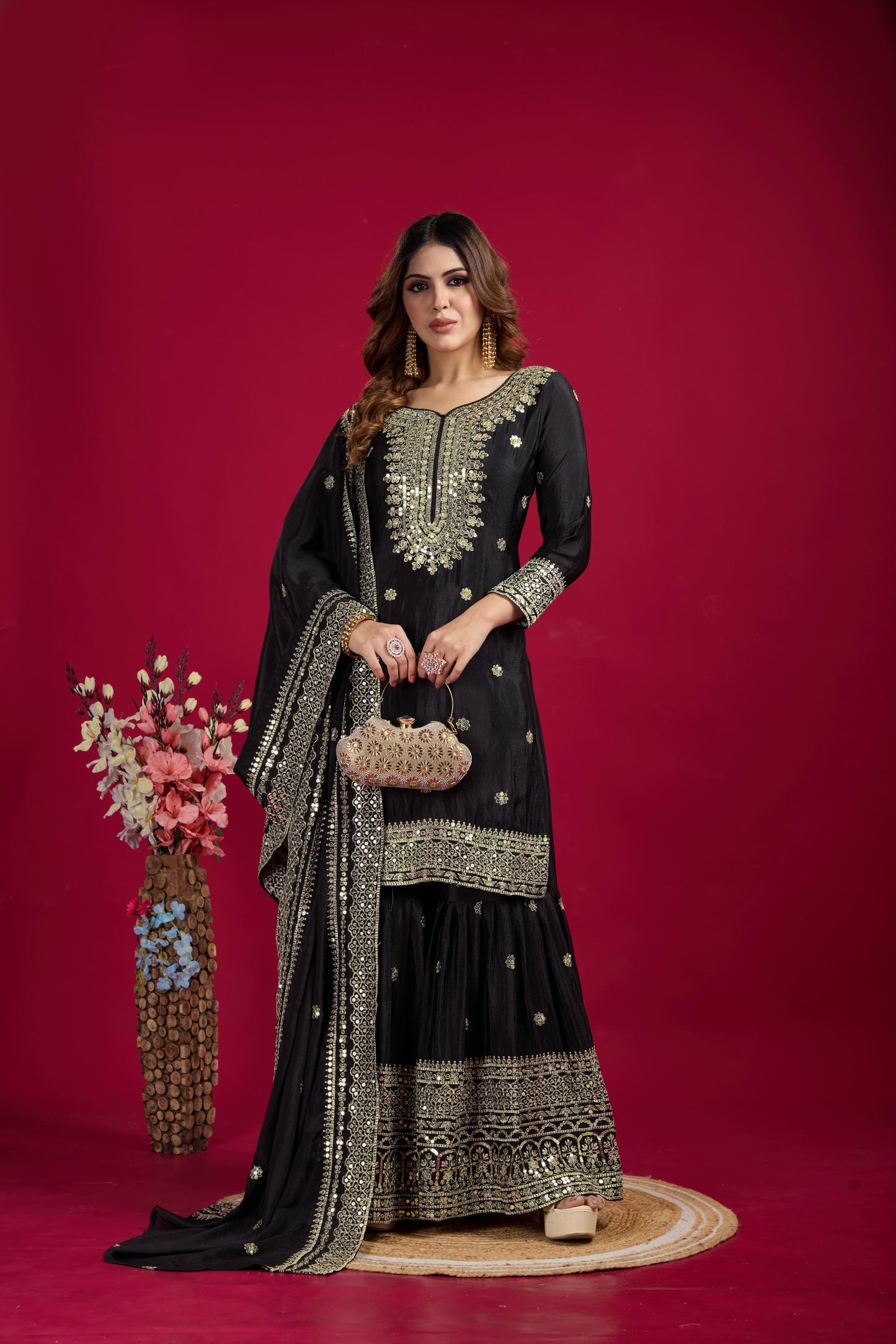 Pure Heavy Chinnon Silk With Embroidery Palazzo Suit With Dupatta