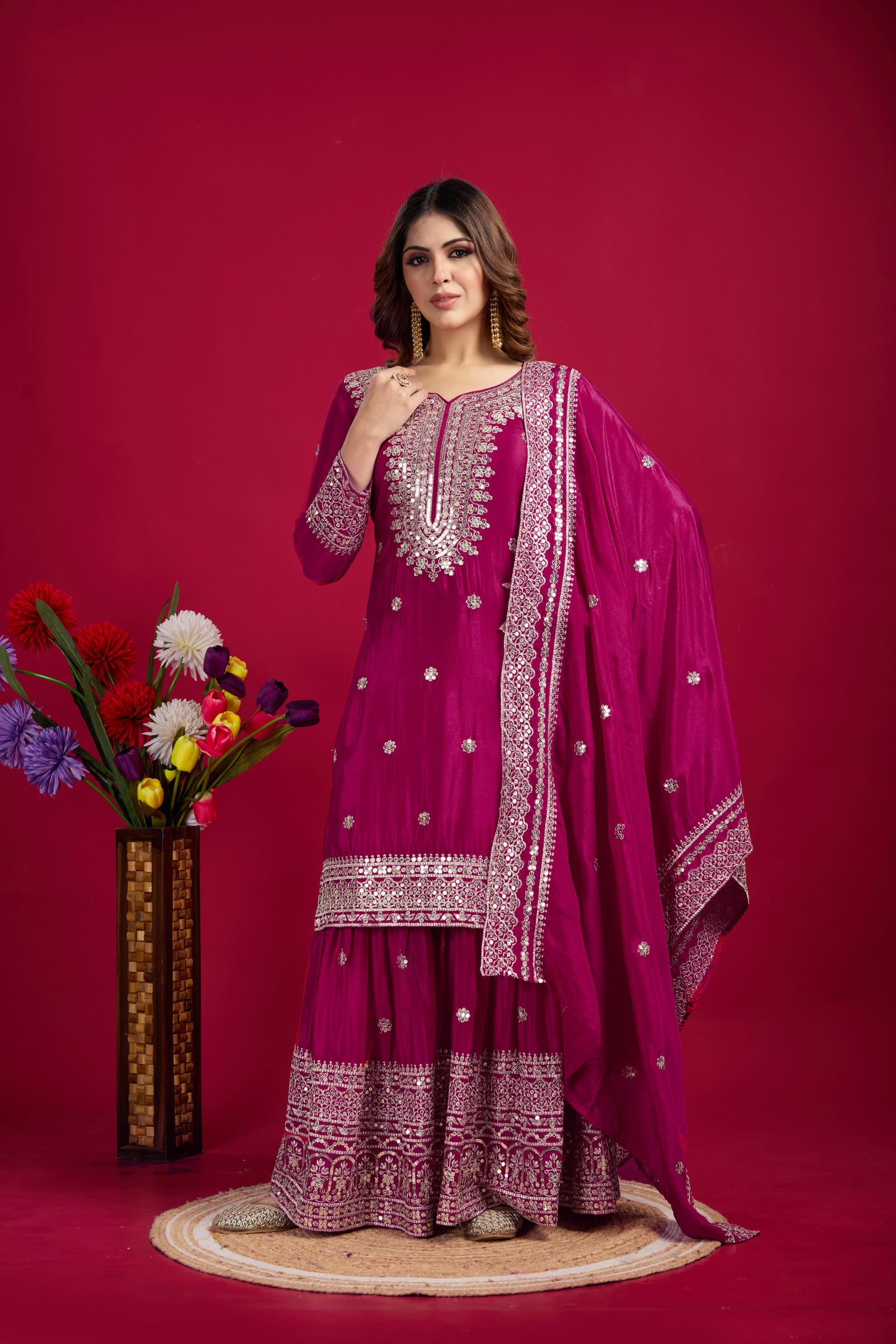 Pure Heavy Chinnon Silk With Embroidery Palazzo Suit With Dupatta