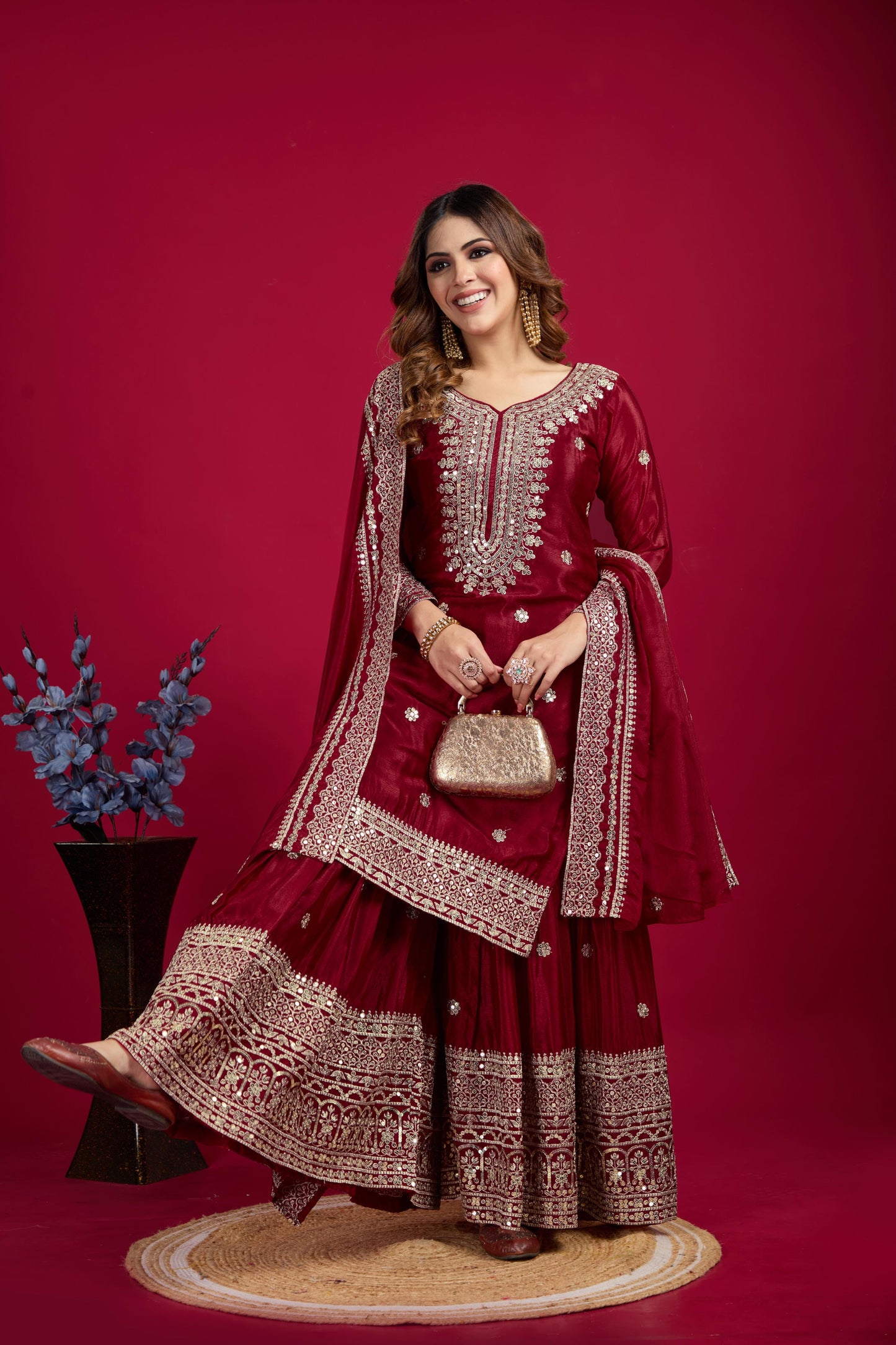 Pure Heavy Chinnon Silk With Embroidery Palazzo Suit With Dupatta