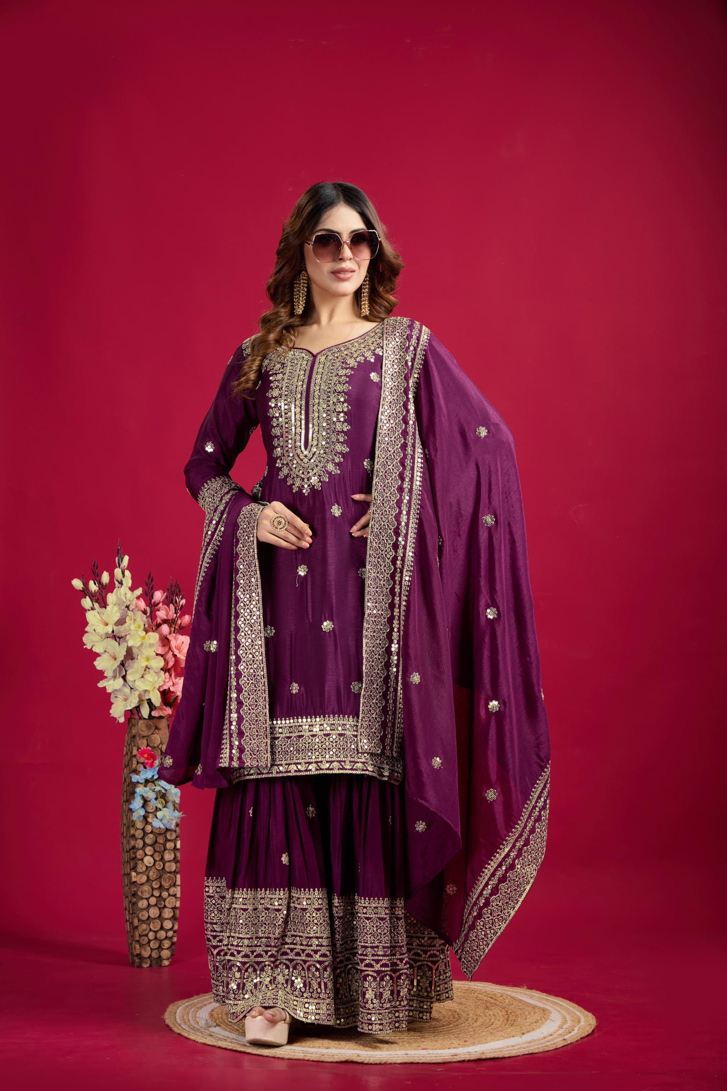 Pure Heavy Chinnon Silk With Embroidery Palazzo Suit With Dupatta