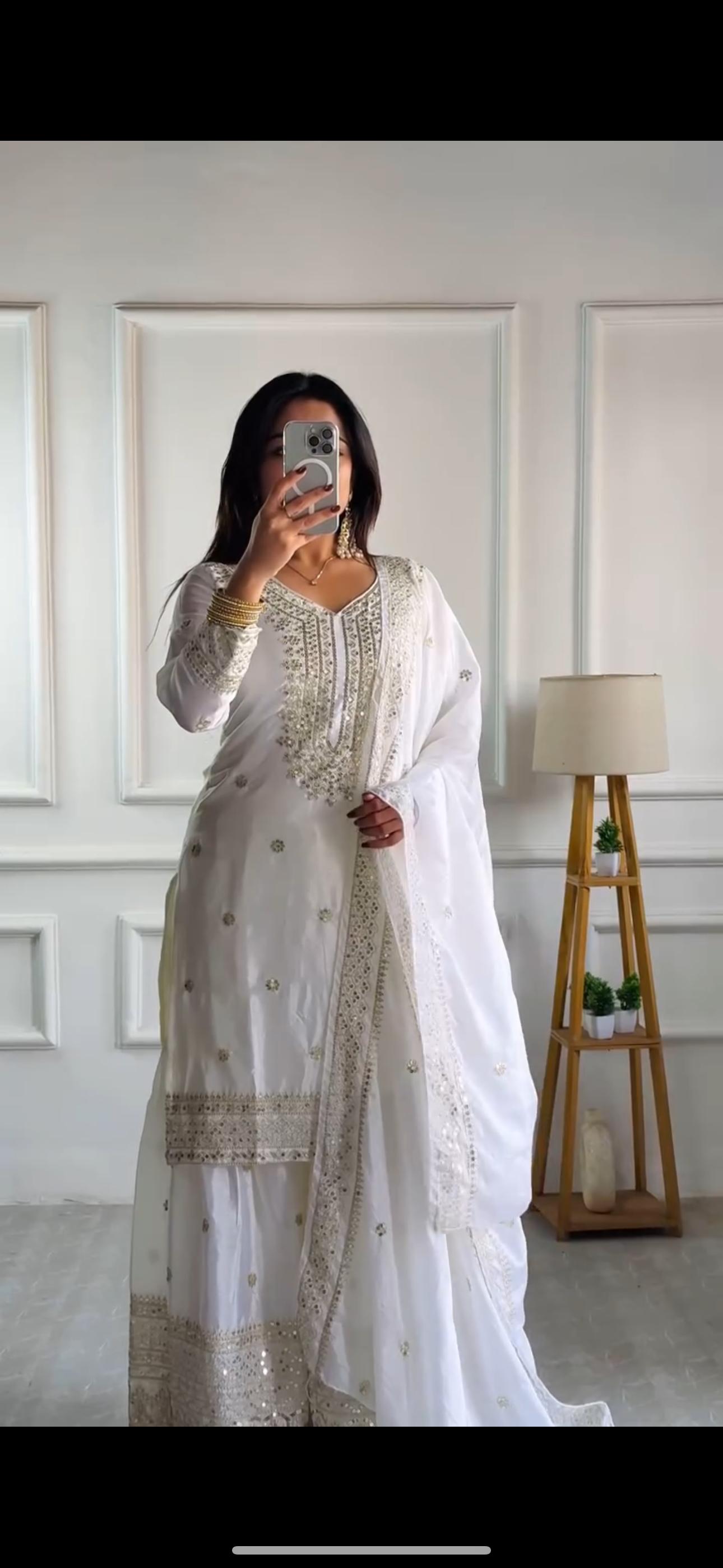 Pure Heavy Chinnon Silk With Embroidery Palazzo Suit With Dupatta