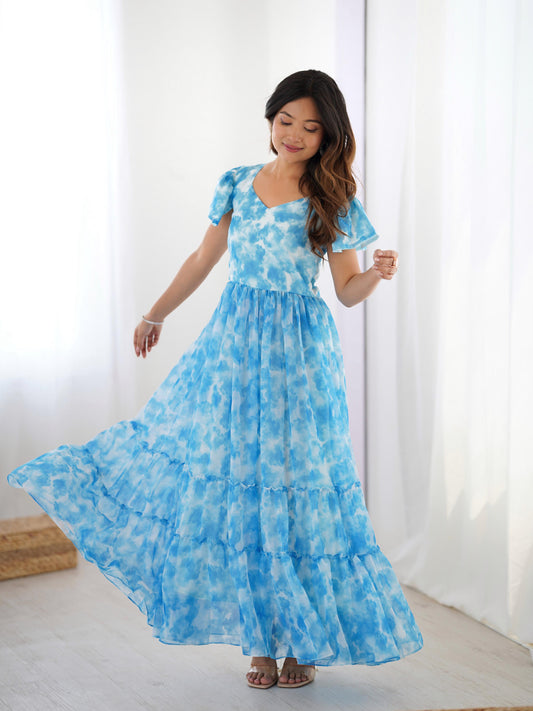 Fancy Georgette Pirnted With Double Frill Pattrens Work One Piece Gown