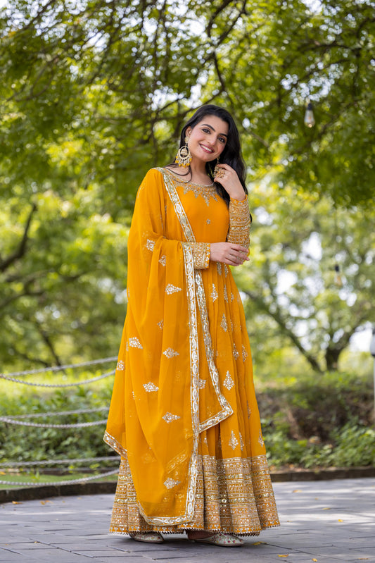 Embroidered Faux Georgette Long Gown With Embroidery Sequence work Dupatta