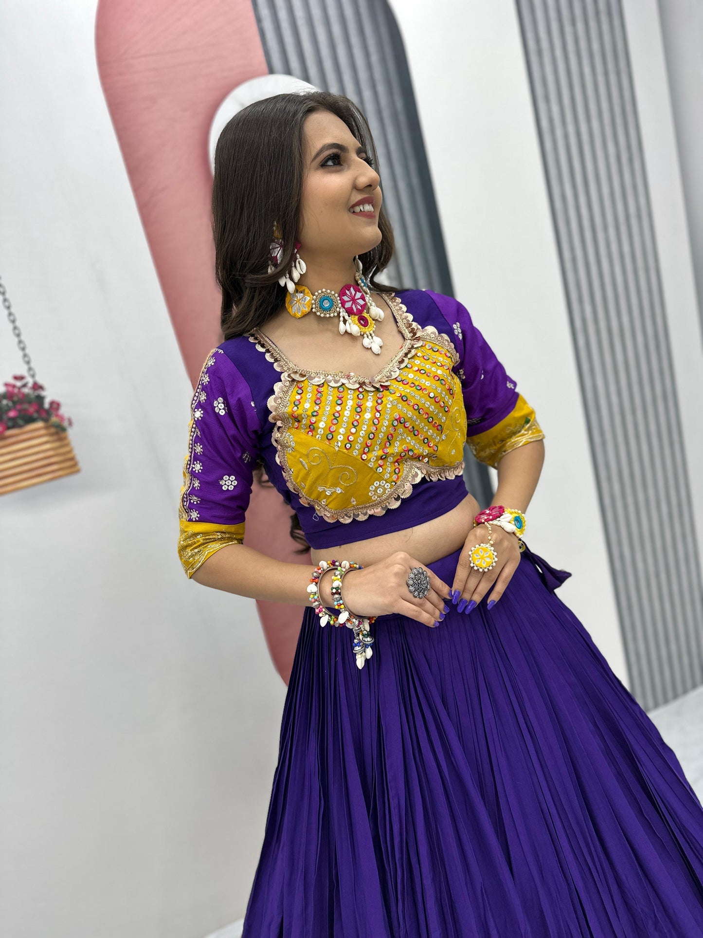 Women's Embroidery Sequence Work Pure Cotton Lehenga Choli and Dupatta