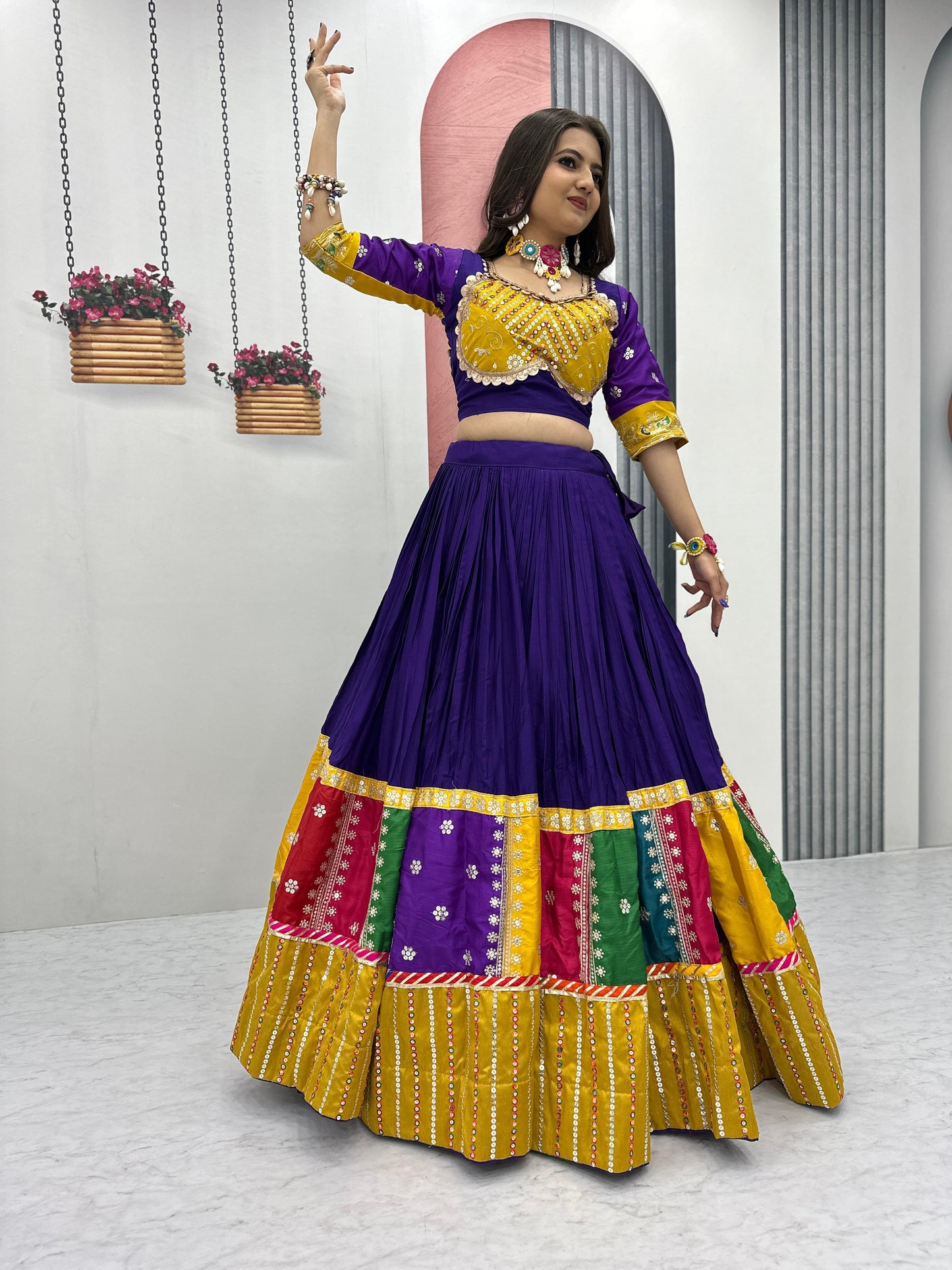 Women's Embroidery Sequence Work Pure Cotton Lehenga Choli and Dupatta