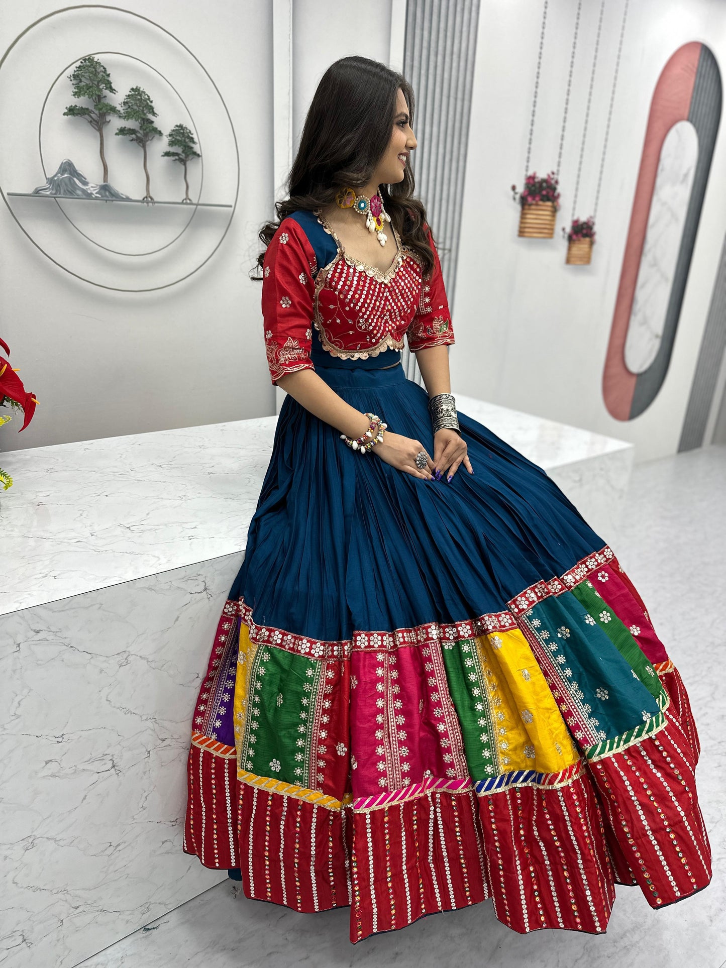 Women's Embroidery Sequence Work Pure Cotton Lehenga Choli and Dupatta