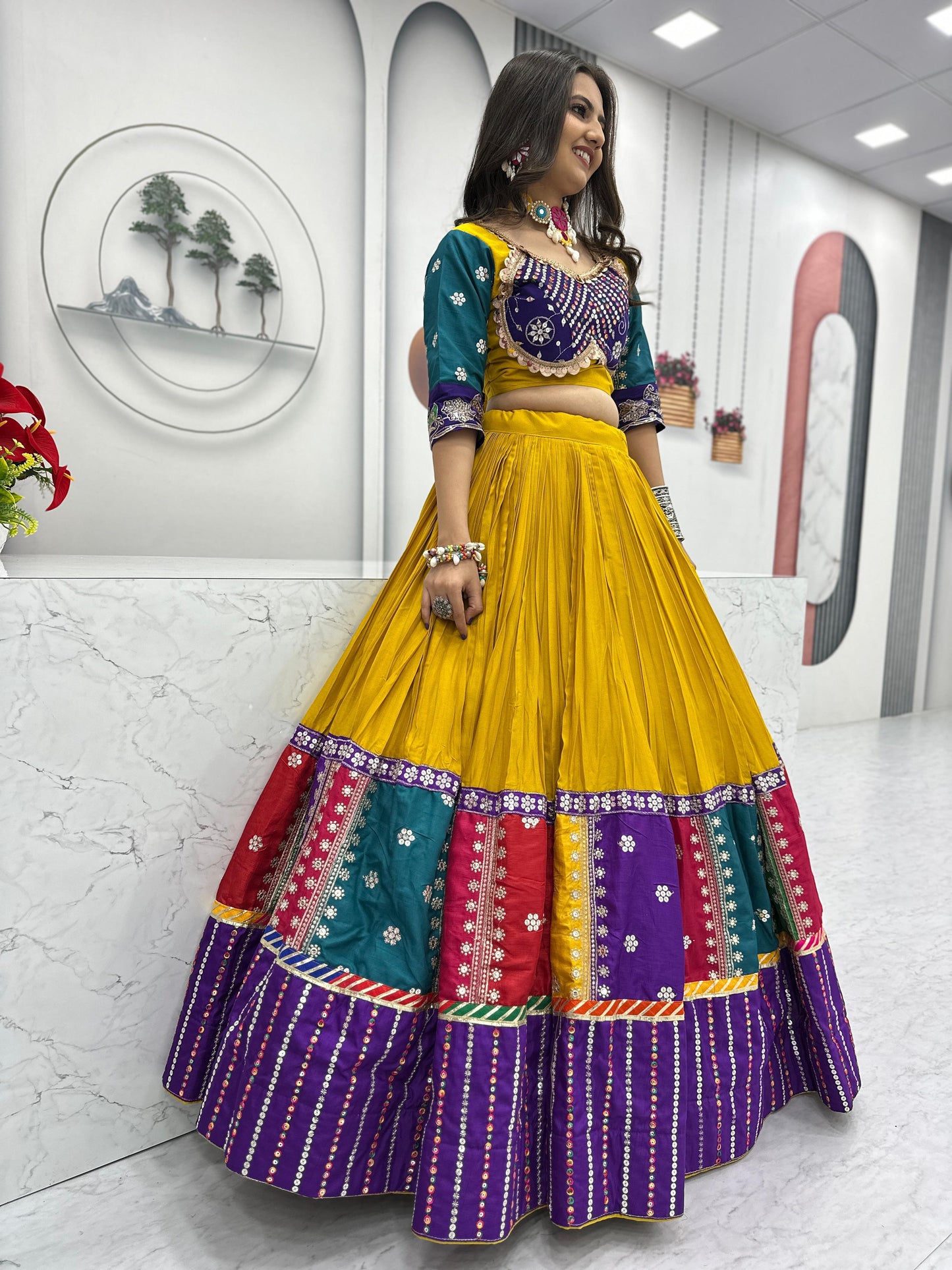 Women's Embroidery Sequence Work Pure Cotton Lehenga Choli and Dupatta