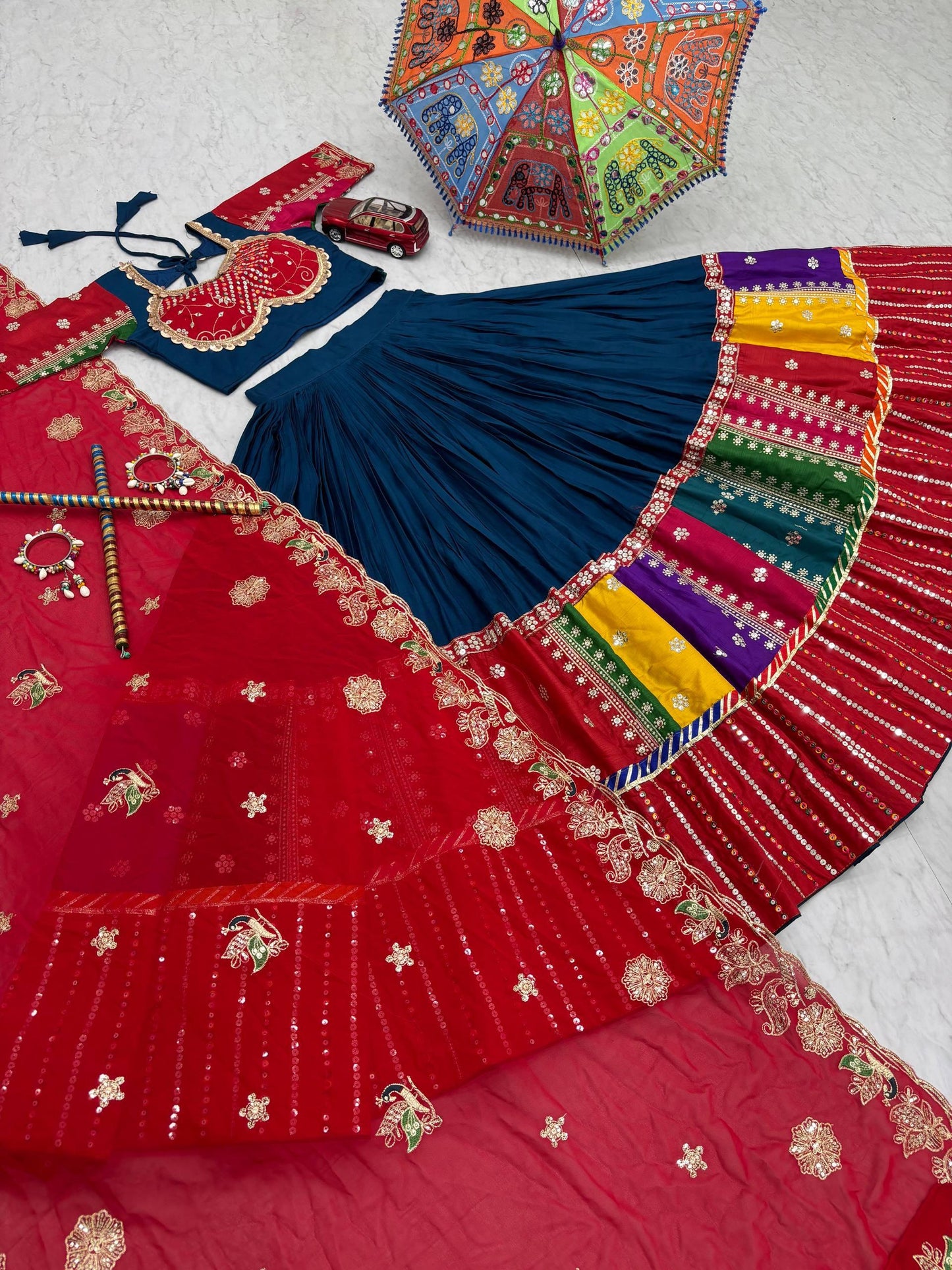 Women's Embroidery Sequence Work Pure Cotton Lehenga Choli and Dupatta
