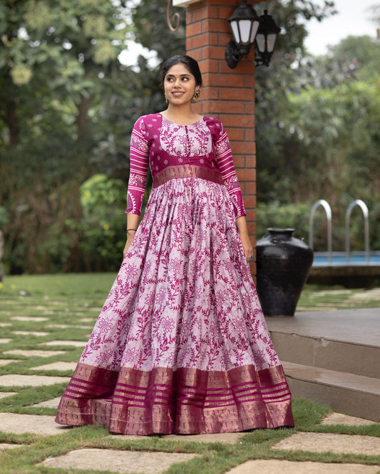 Flora Silk Long Gown With Rich Jacquard Patta Work