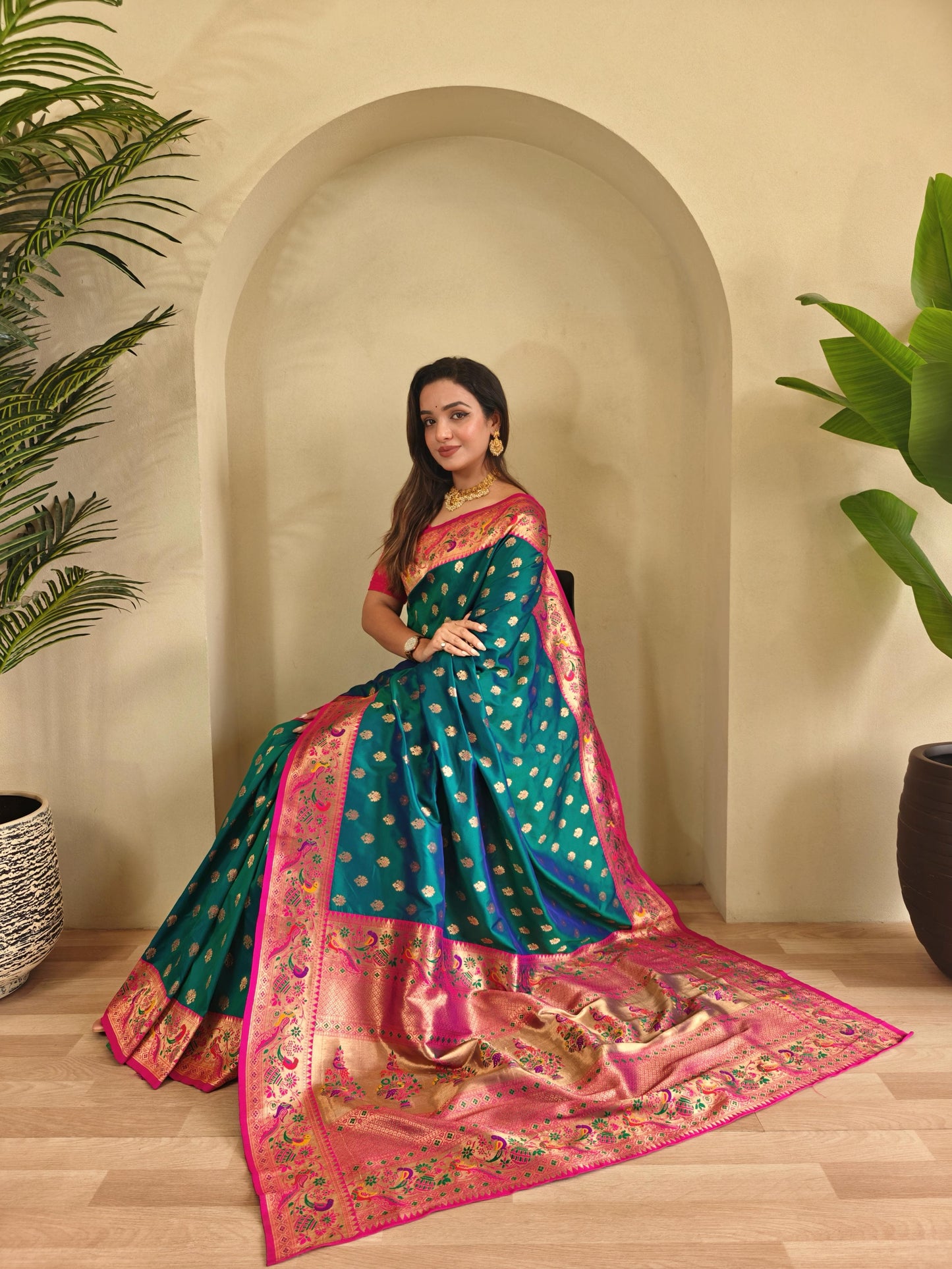 Banarasi Pure Katan Silk Saree with Paithani Style Borders and Zari Buttas