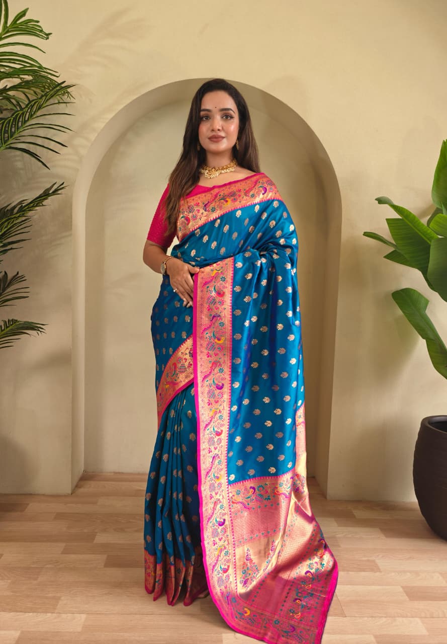 Banarasi Pure Katan Silk Saree with Paithani Style Borders and Zari Buttas
