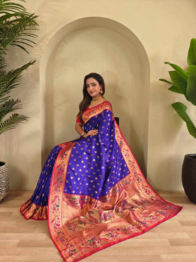 Banarasi Pure Katan Silk Saree with Paithani Style Borders and Zari Buttas