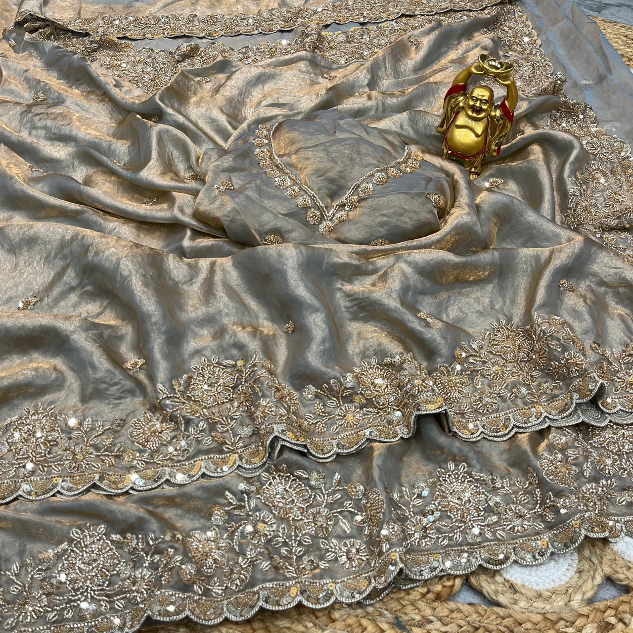 Pure Space Silk Saree in Velvet Shine Adorned with Exquisite Handwork Detailing