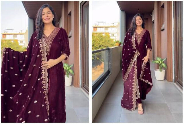 velvet cording sequence embroidery work party wear suit